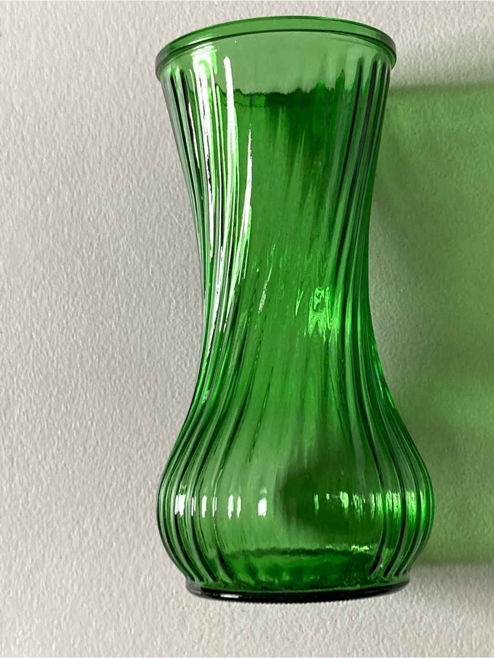 Hoosier Green Glass Ribbed Vase Textured Decorative 9.75” Tall 4.5” Diameter